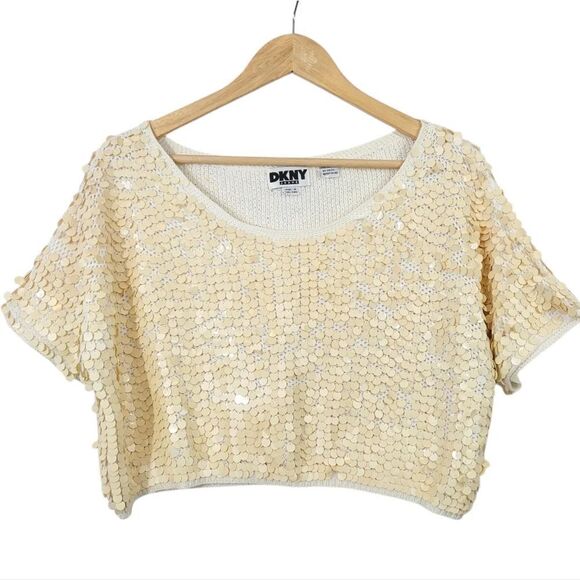 Vintage DKNY 1990s Cotton Paillette Sequined Crop Top in Ivory Size Medium - Picture 15 of 16